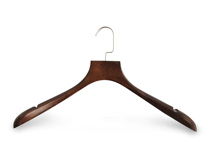 Dark Brown Wooden Coat Hanger With Flat Metal Hook For Garment