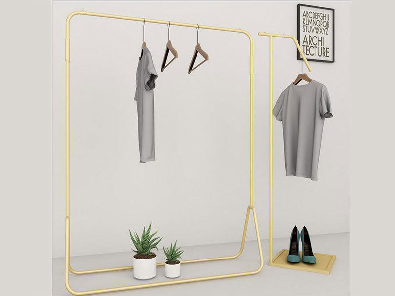 Luxury Shopping Mall Clothes Store Furniture Display Stand, Golden Display Shelf And Unique Style Metal