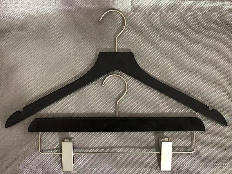 Exported wooden hanger in black , top hanger and pants hanger