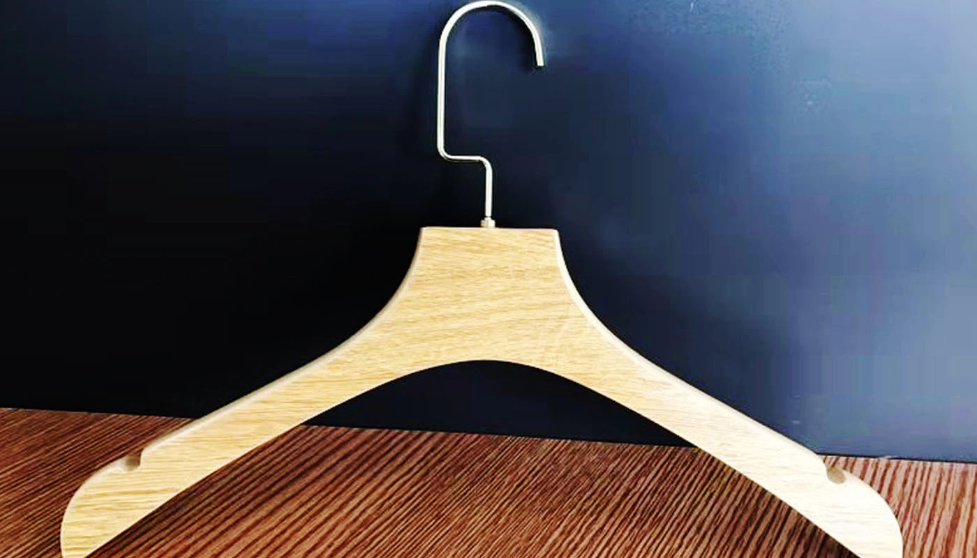 Solid wood hanger with broad shoulder support and nickel flat hook