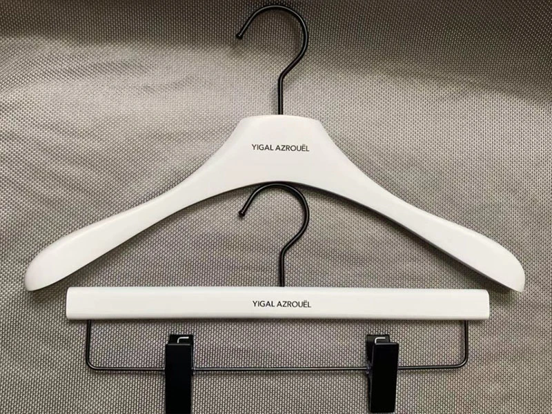 Luxury white top hanger with black logo ,custom hanger with logo
