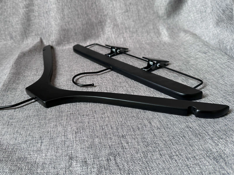 Customized black wooden hanger with black hook
