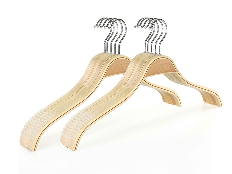 Natural plywood hanger with chrome hardware for display clothes